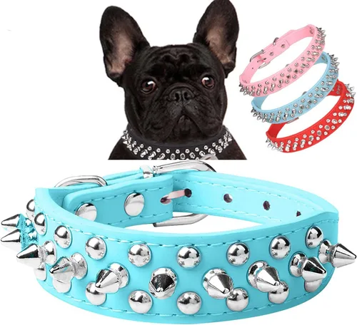 Vista 13 de Serijoars Collar para perro con tachuelas, de piel sintética suave con clavos de hongos, ajustable, para cachorros (XS, Negro)
