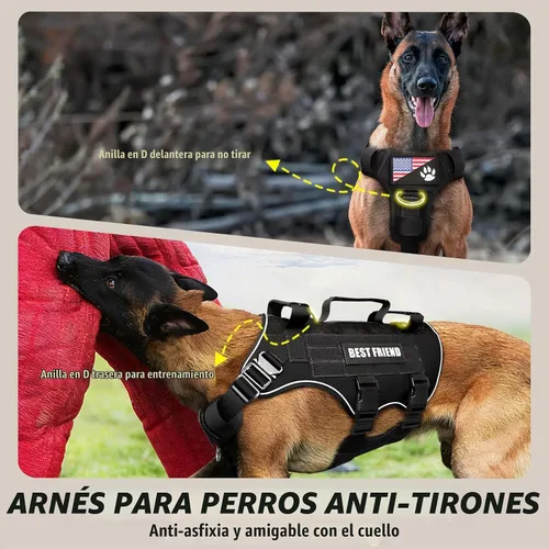 Vista 7 de Arnés táctico para perro, de tamaño mediano, con hebillas de metal, malla de aire transpirable, arnés militar Molle con 3 asas duraderas para Negro