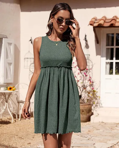 Vista 2 de BTFBM - Vestido de verano sin mangas y con cintura alta para mujer, vestido de playa con tela de punto acanalado, cuello redondo, botones
