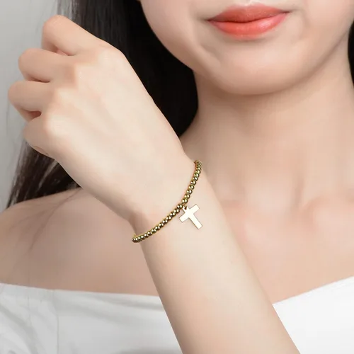 Vista 5 de Pulsera de cuentas de oro de 14 quilates chapada en oro con cruz y cadena de cola ajustable de 2.2in.