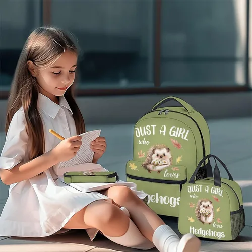 Vista 2 de Mochila de erizo con lonchera y estuche para lápices, bolsa de libros con temática de erizo de 16 pulgadas con correas ajustables, duradera, ligera