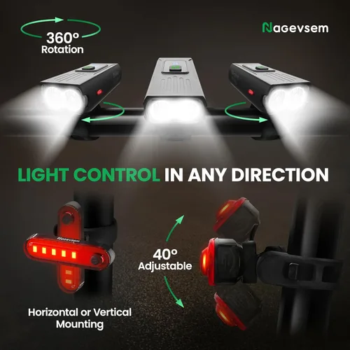 Vista 7 de Bike Lights Front and Back for Night Riding, USB-C Rechargeable Bicycle Headlight and Taillight Set, Waterproof, 12+6 Modes, Powerful Front and Rear
