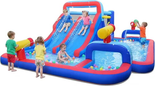 Vista 17 de BOUNTECH Tobogán acuático inflable, 7 en 1 doble tobogán para niños, parque acuático para niños, toboganes de agua inflables para exteriores