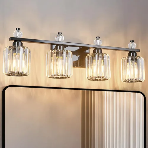 Vista 45 de Luces de Tocador de Baño de 3 Luces, Placado Negro, Modernas Luces de Tocador de Cristal para Baño, Luces de Tocador de Cristal para Usar Sobre