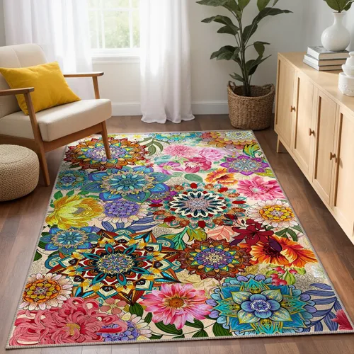 Vista 10 de Alfombra Floral Boho 2x3, Alfombra de Entrada Interior con Flores Coloridas Antideslizante Alfombra Pequeña para Área de Entrada Cocina Baño