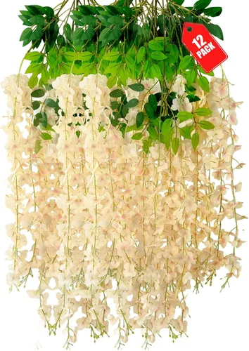 Vista 41 de Paquete de 12 flores colgantes de glicina rosa, flores colgantes falsas de 3.44 pies, guirnalda de glicina artificial para decoración de boda, telón