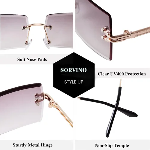 Vista 7 de SORVINO Lentes de sol rectangulares sin montura para mujeres y hombres, a la moda, color rosa transparente, lentes tintados azules sin marco