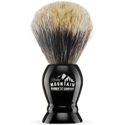 Vista 6 de Brocha de Afeitar con pelo de tejón con soporte – Rocky Mountain Barber 100% mejor de grado barbero con mango negro grande resistente de resina