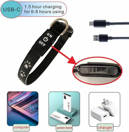 Vista 4 de Collar de perro con luz LED USB-C, diseño 3D, material cómodo y suave, iluminación multicolor, collar de perro nocturno (PW-verde, XS