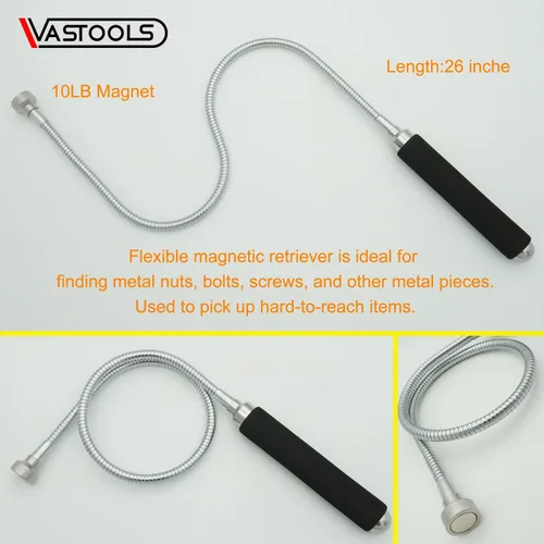 Vista 3 de VASTOOLS Herramienta de recogida magnética flexible, con imán LED, 5 libras, 10 libras, espejo acrílico de inspección flexible, herramienta