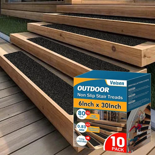Vista 8 de VOISEN Peldaños para escaleras al aire libre, 4" x 30" paquete de 20, tiras antideslizantes precortadas, cinta adhesiva de agarre, impermeable