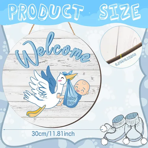 Vista 2 de Letrero de bienvenida para bebé, decoración redonda de madera Placa colgante rústica, colgador de cuerda de yute, recuerdo de fiesta de ducha