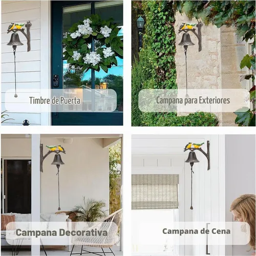 Vista 6 de Sungmor Campana de cena de hierro fundido, campana de puerta exterior de granja, campana colgante de pared, antiguo color encantador pájaros Forma B