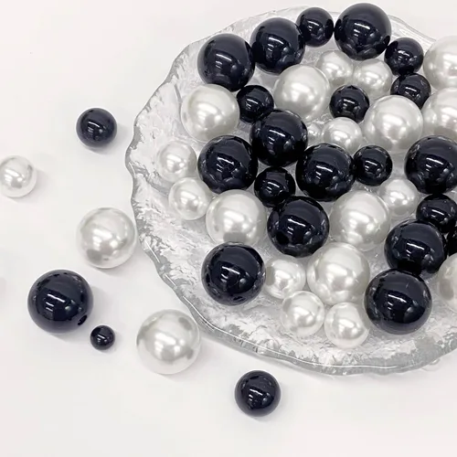 Vista 4 de 200 piezas de cuentas de perlas de relleno de jarrón negro y blanco para centros de mesa, jarrones, perlas sin agujero de imitación de pulido