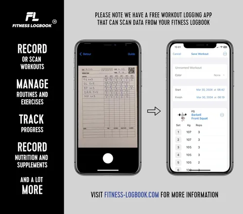 Vista 6 de Cuaderno de registro de fitness (negro) – Diario de entrenamiento A5 sin fecha para hombres y mujeres – cubierta de plástico y papel grueso – Agenda