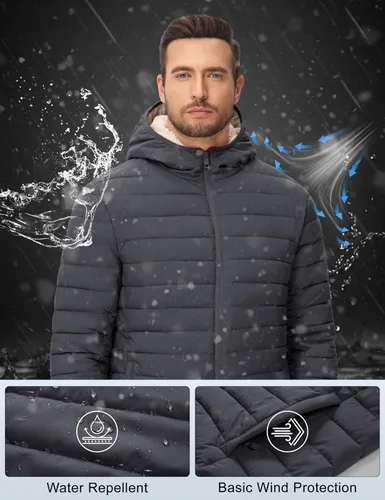 Vista 9 de MAGCOMSEN Chaqueta acolchada para hombre con capucha, forro de vellón, chaqueta térmica resistente al agua, chaqueta de plumón con cremallera