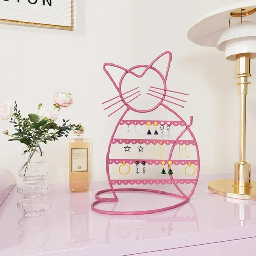 Vista 8 de Urban Deco Soporte Organizador de Joyas en Forma de Gato - Soporte para Aretes con 48 Agujeros para Pernos, Organizador de Tocador de Metal