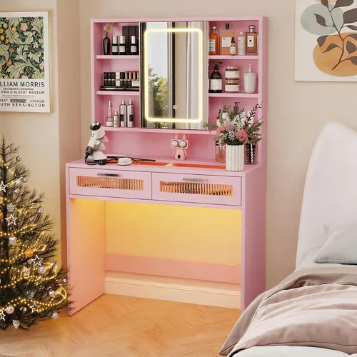 Vista 10 de Hadulcet Escritorio pequeño de tocador de 35.5 pulgadas con espejo y luces