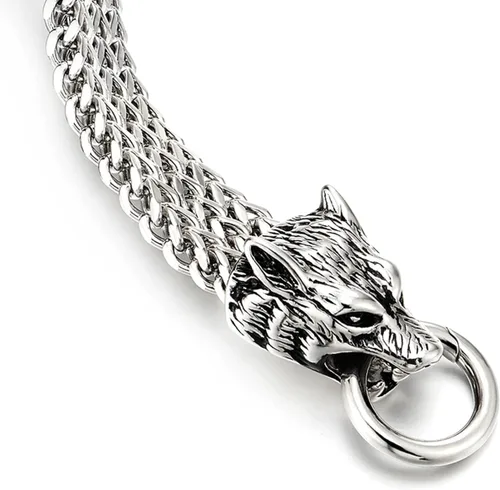Vista 4 de COOLSTEELANDBEYOND Biker - Pulsera de acero inoxidable para hombre con cabeza de lobo con cierre de anillo de resorte