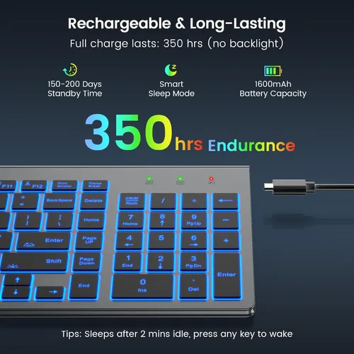Vista 3 de SABLUTE Teclado Inalámbrico con 7 Luces Traseras de Color, Teclado de Computadora Compacto, Silencioso, Recargable, Inalámbrico, con Teclas