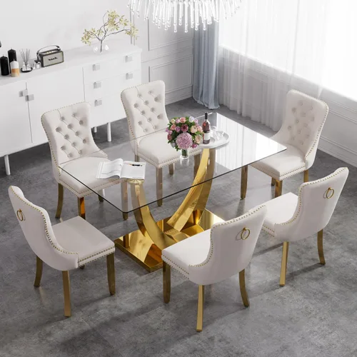 Vista 27 de Juego de mesa de comedor de cristal moderno de mediados de siglo para 4, 63 pulgadas, juego de comedor rectangular grande de lujo con parte superior