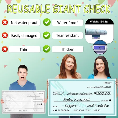 Vista 2 de Grandes cheques para presentaciones, enorme cheque falso de 30 x 16 pulgadas para premios y donaciones, reutilizable y perfecto para eventos