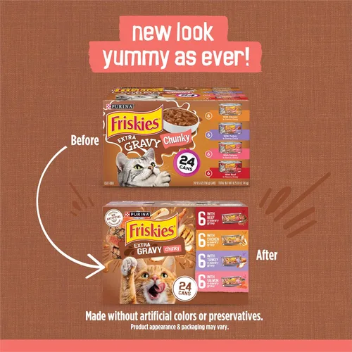 Vista 2 de Purina Friskies - Alimento húmedo extra en salsa para gatos, paquete variado de 24 unidades (con pollo, pavo, salmón, carne de res) (paquete de 24)