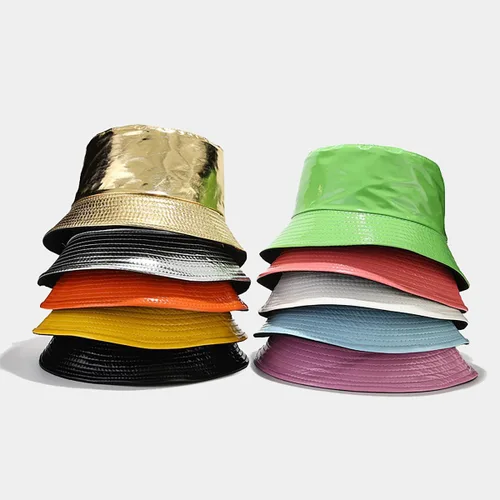Vista 5 de yolrdiw Sombrero de cubo de cuero PU de moda unisex Gorra de pescadores impermeable reversible brillante