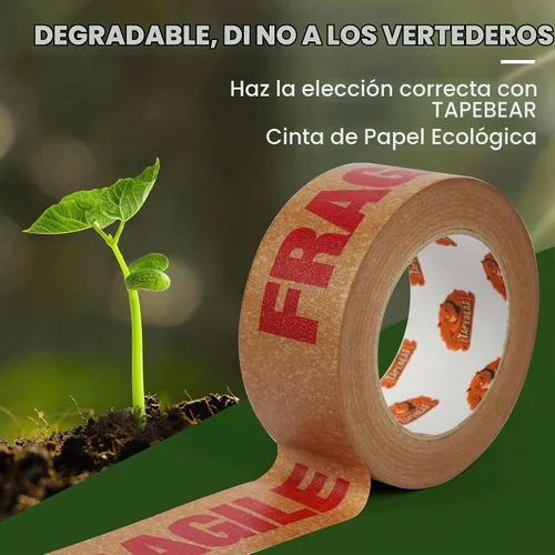 Vista 5 de TAPEBEAR Cinta Frágil de Papel Kraft Ecológico de 2 pulgadas x 55 yardas, Cinta de Papel Marrón de Embalaje Biodegradable Cinta Autoadhesiva