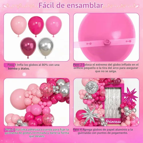 Vista 8 de Kit de arco de guirnalda de globos de princesa rosa y plateado de 143 piezas