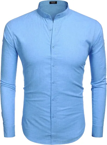Vista 2 de COOFANDY Camisa casual de lino para hombre, con cuello de banda, manga larga, con botones