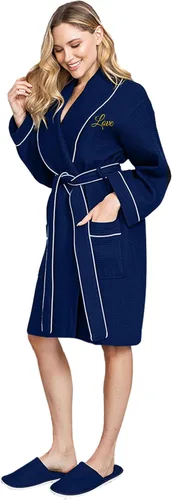 Vista 26 de Lotus Linen Women’s Lightweight Waffle Spa Robes – Soft Cotton Knee Length Bathrobe, Personalized Bridesmaids Robe Negro