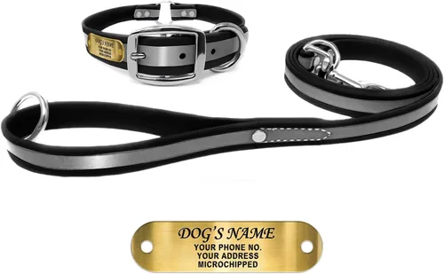 Vista 12 de Regal Dog Products Collar de perro reflectante negro pequeño con placa de nombre grabada personalizada y anillo central resistente Collares