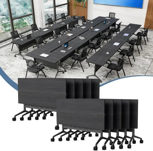 Vista 17 de Mesa de conferencias plegable con ruedas, mesa modular para sala de conferencias con 2 ojales para cables, mesas móviles de sala de reuniones