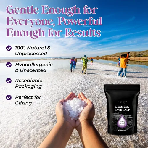 Vista 5 de Aromasong Sal pura del mar muerto para remojar con lavanda 100 % natural, 14 onzas, sal de baño de spa de grano fino, exfoliante de lavado corporal
