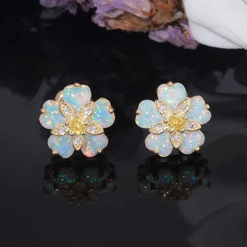 Vista 5 de CiNily Aretes tipo dormilona de ópalo con flores para mujer, chapados en rodio, hipoalergénicos, grandes piedras preciosas de 1932 pulgadas