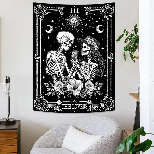 Vista 4 de Kanuyee Tapiz de Esqueleto de los Amantes Tapiz Gótico para Dormitorio Tapices de Cartas del Tarot Góticas para Colgar en la Pared Decoración El