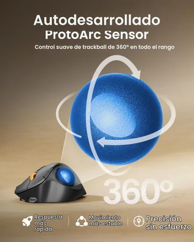 Vista 3 de ProtoArc Ratón inalámbrico Bluetooth Trackball, EM02 de dos ángulos ajustables, ergonómico recargable, conexión de 3 dispositivos, control de pulgar
