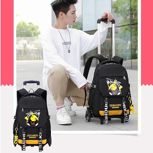 Vista 8 de Bolsas escolares de anime para estudiantes Oxford de tela para vacaciones bolsa de viaje maleta con seis ruedas mochila para portátil amarillo1 L
