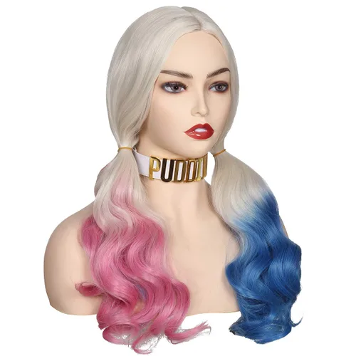Vista 5 de ColorGround Peluca rubia con coletas azules y rosadas (peluca con collar de gargantilla)
