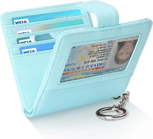 Vista 14 de FurArt Cartera plegable para mujer con 9 ranuras, bloqueo RFID, ventana de identificación, cartera compacta con llavero