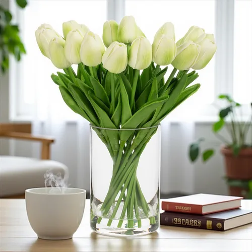 Vista 2 de ENOVA FLORAL 20 cabezas de tulipanes artificiales de tacto real para decoración de mesa de comedor, boda, decoración de granja (verde)