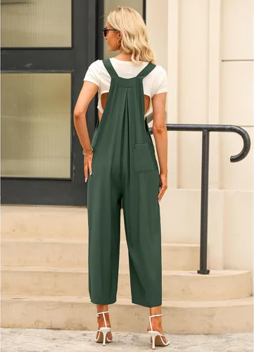 Vista 4 de luvamia Overol para mujer, casual, holgado, pierna ancha, bohemio, con bolsillos, overol con pechera