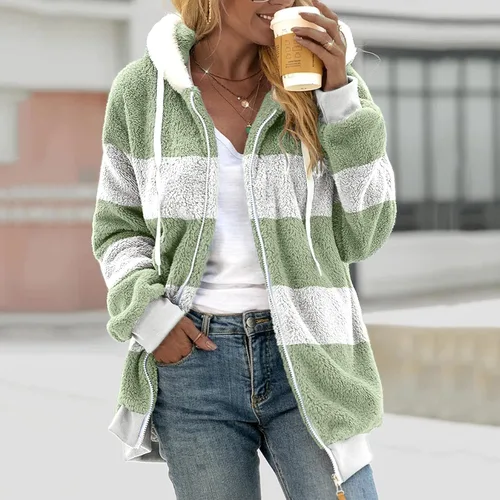 Vista 2 de Sudaderas de forro polar mullido con cuello con cremallera para mujer, de gran tamaño, cálidas, de oveja, con capucha y capucha, Blanco