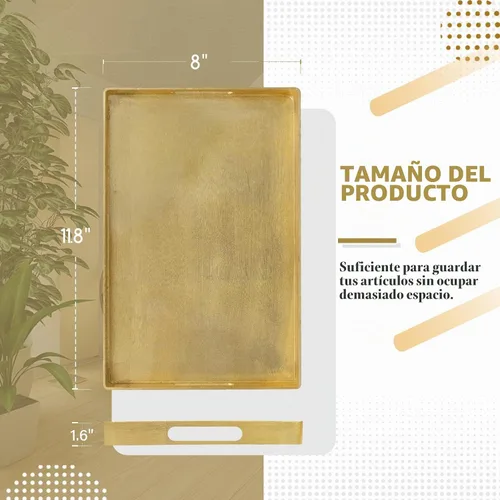 Vista 2 de MAONAME Bandeja Decorativa Dorada con Asas, Bandeja de Servir de Papel Aluminio para Otomana, Bandejas de Café Rectangulares para Sala de Estar