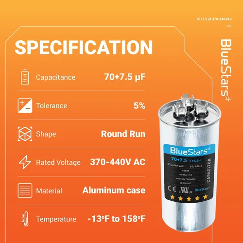 Vista 3 de [Certificado UL] BlueStars 70/7.5 uF 70+7.5 MFD 370 o 440 voltios VCA Condensador redondo de doble funcionamiento, compatible con aire acondicionado