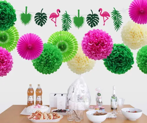 Vista 3 de Decoraciones de fiesta hawaiana, pancarta de hoja de palma verde flamenco con pompones, flores de papel, abanicos de papel de seda para Luau