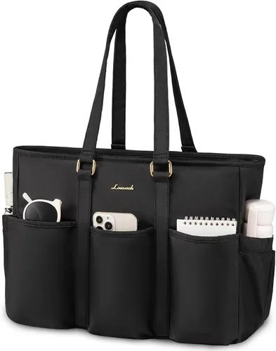 Vista 10 de LOVEVOOK bolso tote vintage para laptop para mujer, Beige-Negro, 15,6 pulg., Moda