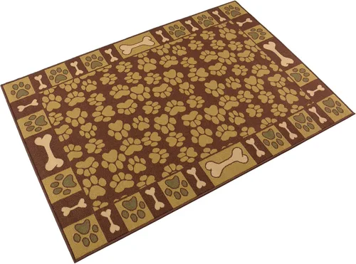 Vista 3 de Alfombra de látex con diseño de pata y hueso, color marrón, verde azulado y azul impresa, resistente al deslizamiento (marrón, 3'3" x 4'11")