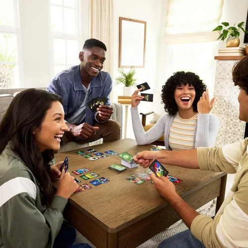 Vista 2 de Mattel Games UNO Elite - Juego de cartas de la NFL, edición central con licencia oficial 2024 con 4 tarjetas coleccionables de aluminio